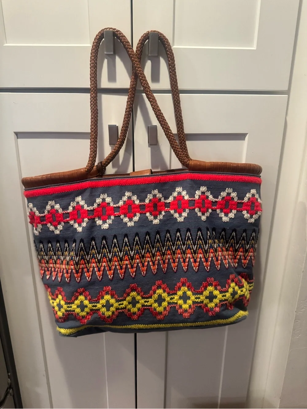 Tory Burch Taylor Aztec Linen Multicolor Woven Tote with Tassel
